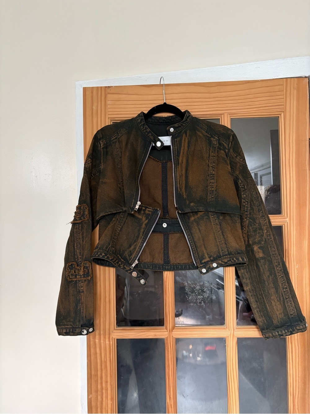 Tiempos Distressed Black & Brown Cropped Utility Jacket